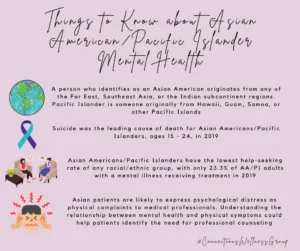 Infographic with pink background explaining facts about Asian American Pacific Islander mental health and suicide awareness