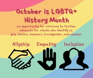 Colorful rainbow-striped graphic with text about LGBTQ Plus History Month featuring three icons representing allyship, empathy, and inclusion.