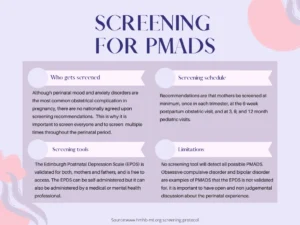 Pink and white infographic about screening for postpartum mood and anxiety disorders with text and sections