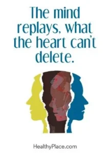 Text quote reading 'The mind replays, what the heart can't delete' with three overlapping silhouettes in yellow, dark red, and blue tones