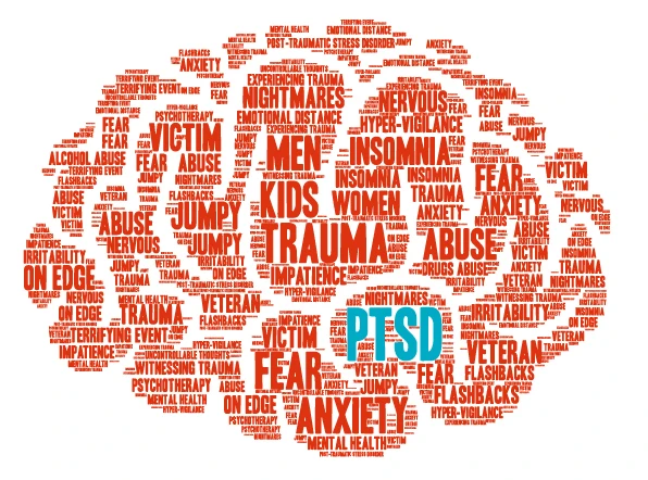 Word cloud in red featuring PTSD in blue center, surrounded by related trauma terms like abuse, anxiety, fear, and pain in various sizes