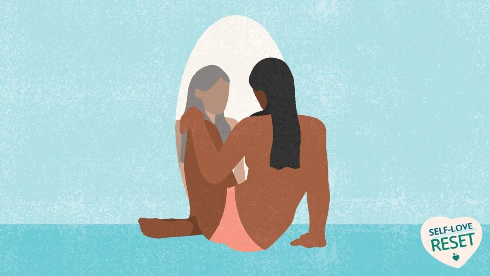 Illustration of a person with long black hair wearing a brown jacket, sitting and looking at their mirror reflection against a turquoise background...