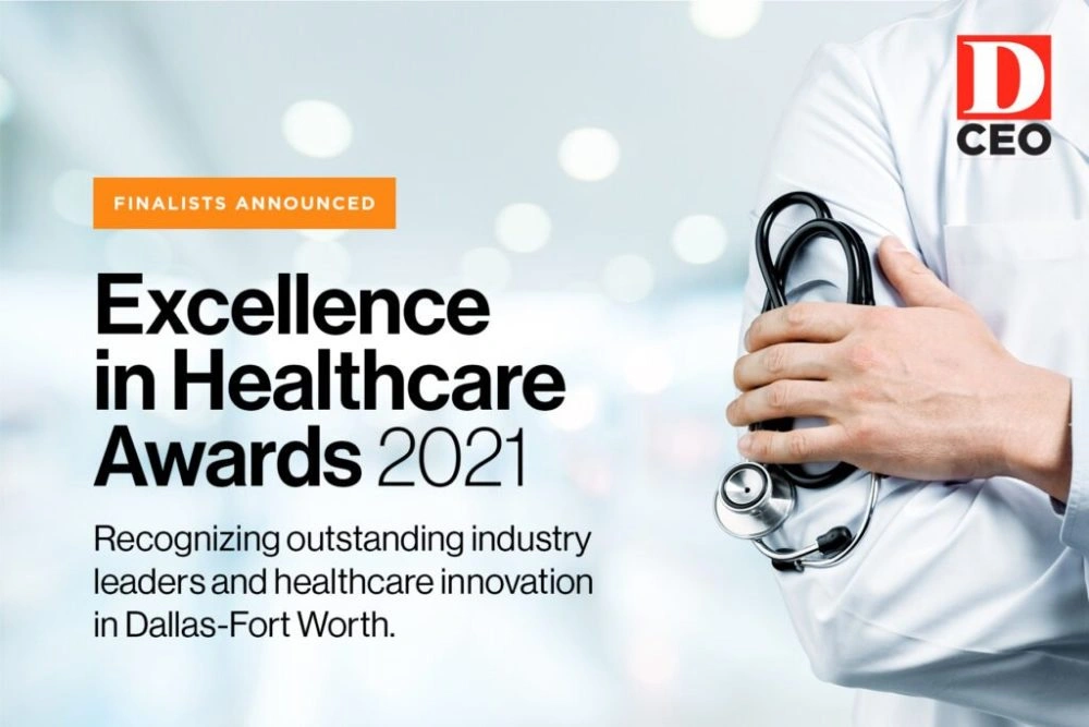 Healthcare professional in white coat holding stethoscope with orange banner reading 'Finalists Announced' and text about awards