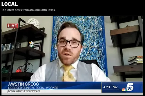 NBC news broadcast screen showing man with glasses in light colored shirt during live interview segment