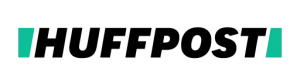 HuffPost logo with black text and teal vertical bars on white background