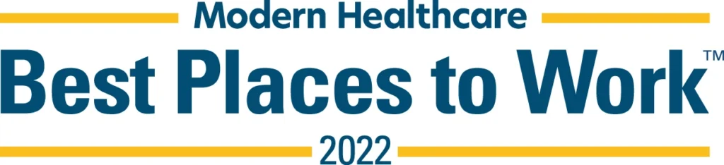 Modern Healthcare Best Places to Work award logo in blue and gold horizontal banner format for year two thousand twenty-two