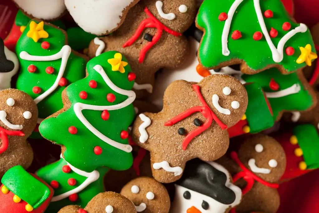 Festive holiday-themed cookies including gingerbread figures and decorated trees with green, red, and white icing