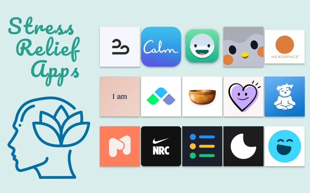 Light blue background with teal text reading 'Stress Relief Apps' and a profile icon with lotus flower, displaying various app logos in a grid layout