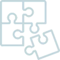 An outline illustration of four puzzle pieces in light blue arranged in a scattered pattern