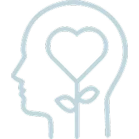 Light blue outline icon of a human head in profile with a heart symbol and plant stem growing inside, representing mental wellness