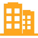 An orange silhouette of two buildings of different heights with grid-like windows on a white background